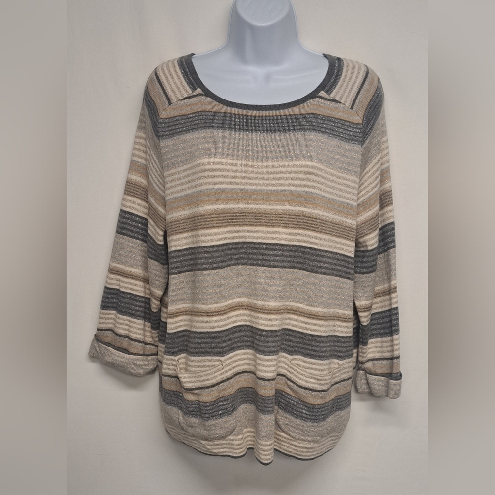 Croft & Barrow XL Pullover Sweater 3/4 Sleeve Striped Metallic Front Pockets